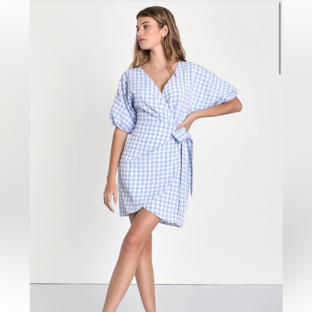 LULUs Adorable Idea Blue and White Puff Sleeve Wrap Dress